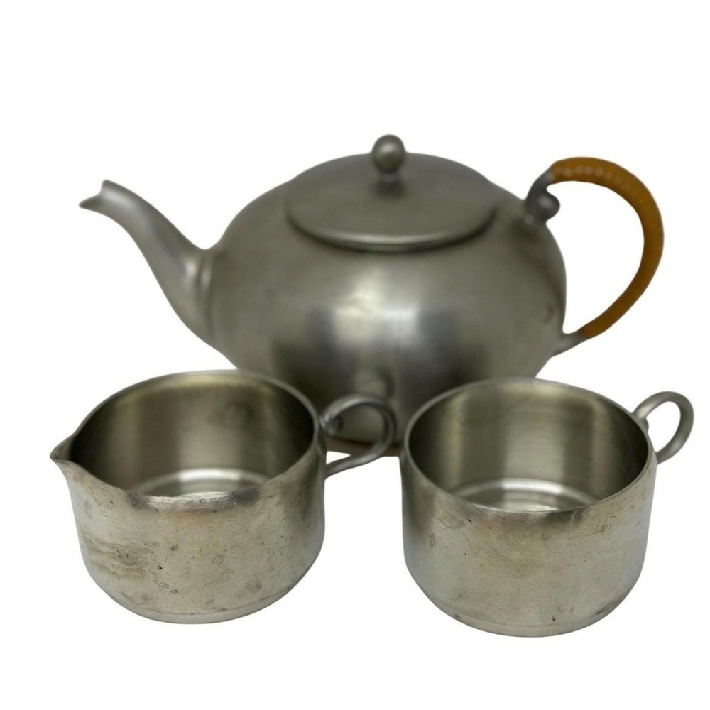 VTG Royal Holland Pewter KMD Tiel Teapot Cream Sugar Set Holland 6.5"x3"‎ Retro